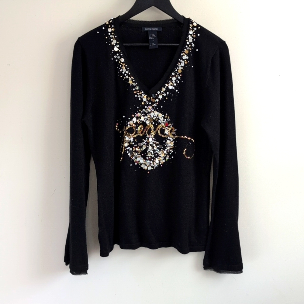 Boston Proper Black V-Neck Sweater with Gold and Silver Accents